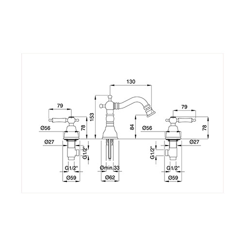 3-hole bidet group, spout, hot/cold knobs 825 Princeton Bugnatese