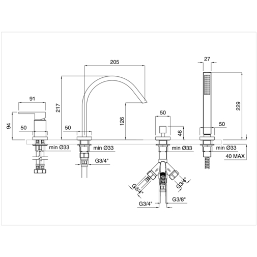 4-hole bath mixer, diverter, mixer, spout and hand shower - Tetris, Rubinetteria Bugnatese