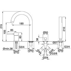 4-hole bath mixer, diverter, mixer, spout, hand shower - Kobuk, Rubinetteria Bugnatese