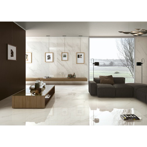 5,5 mm thin glossy marble effect porcelain tiles, Calacatta Glossy white 100x300 cm - Exedra, Kerlite