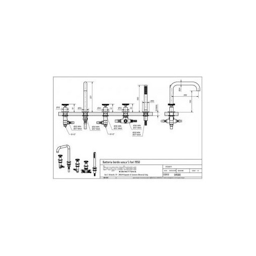 5-hole bath mixer spout, diverter, hand shower and knobs Millenovecinquanta 4580 Bugnatese