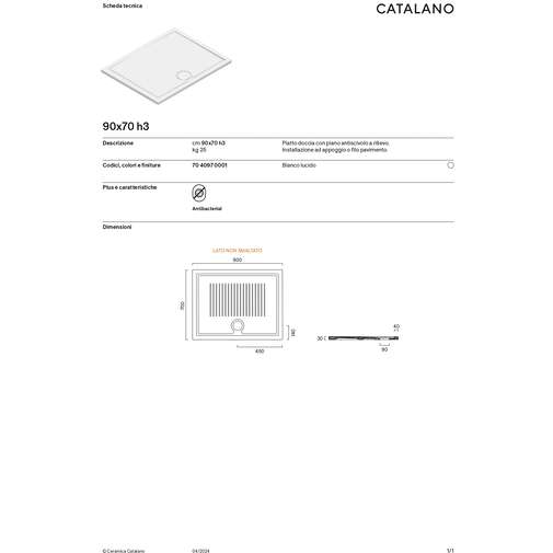 90x70 low-thickness ceramic shower tray - Catalano