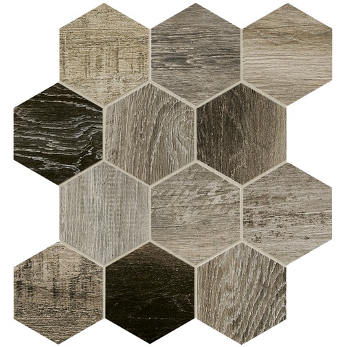 Aged wood effect porcelain stoneware 35x37.5 cm, Gray Esagona Mix mosaic - Barnwood, Dom Ceramiche