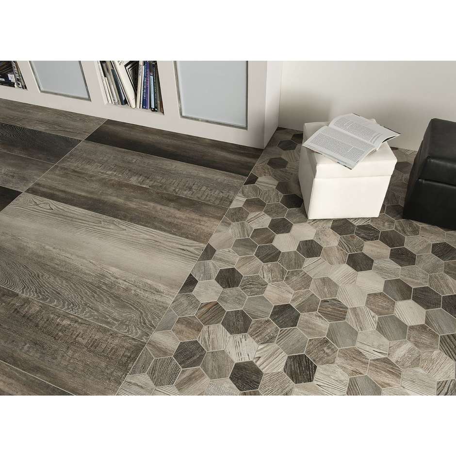 Aged wood effect porcelain stoneware 35x37.5 cm, Gray Esagona Mix mosaic - Barnwood, Dom Ceramiche