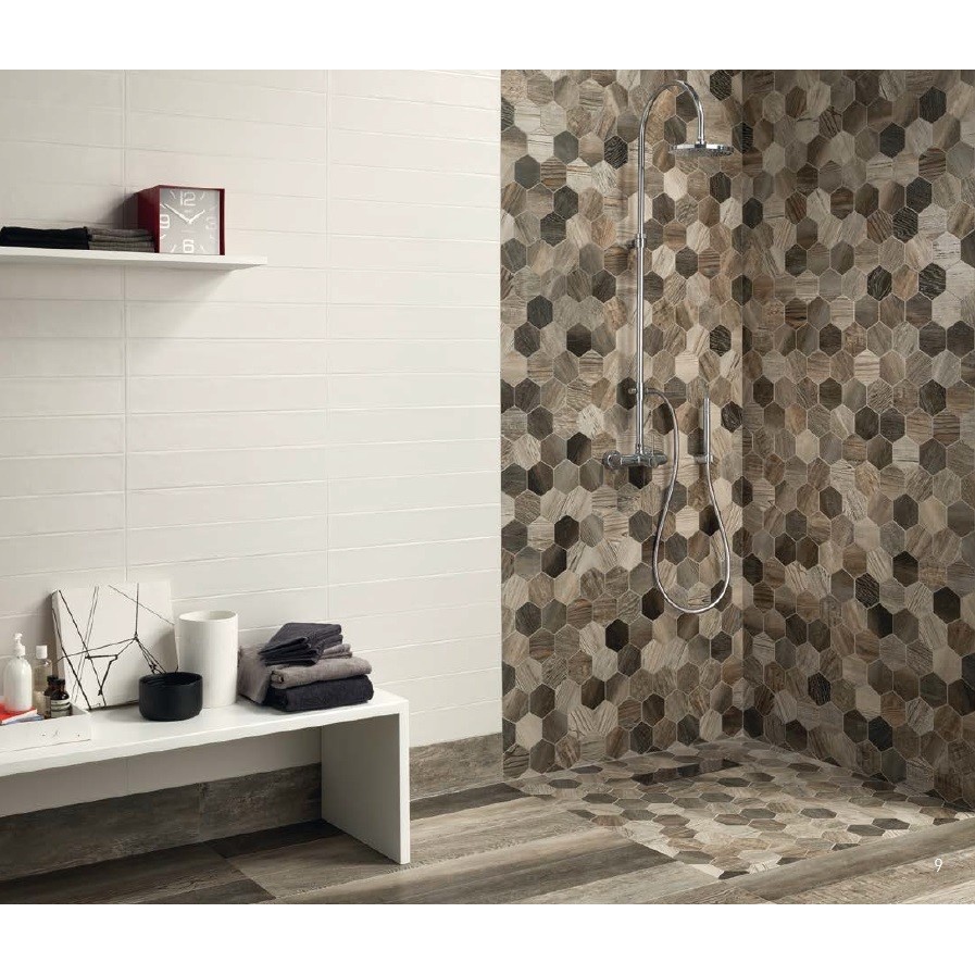 Aged wood effect porcelain stoneware 35x37.5 cm, Gray Esagona Mix mosaic - Barnwood, Dom Ceramiche