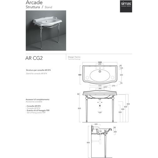 Arcade chromed brass support structure for AR874 washbasin, Simas