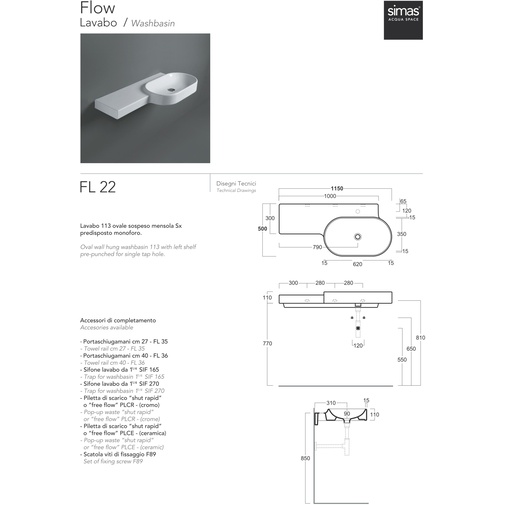 Asymmetric oval wall-hung washbasin with integrated shelf on the left glossy white color 115 cm - Flow, Simas