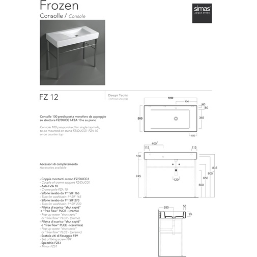 Aufsatz-Waschtischkonsole für ein Loch vorbereitet aus weißer Keramik 100 cm - Frozen, Simas