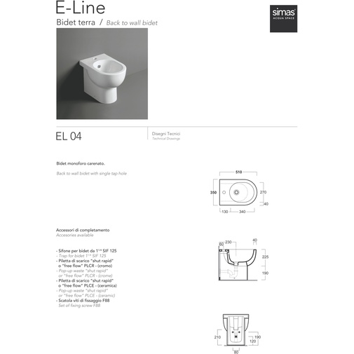 Back-to-wall bidet in white ceramic contemporary design - E-Line, Simas