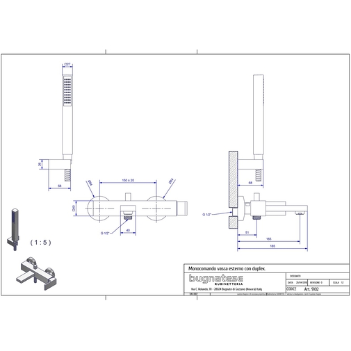 Badewannen-Kit mit Umsteller, komplett mit verchromter externer Mischbatterie mit Auslauf und quadratischer Handbrause mit flexiblem Schlauch - Tetris, Rubinetteria Bugnatese