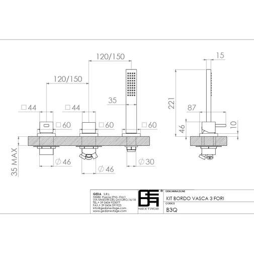 Bathtub group with mixer, diverter and chromed minimal style 3-hole handshower - Hito Cinquantuno, Geda