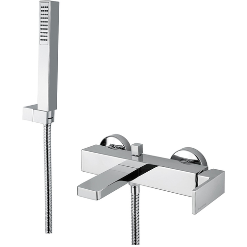 Bathtub kit with diverter complete with chromed external mixer with spout and square style handshower with flexible hose - Tetris, Rubinetteria Bugnatese