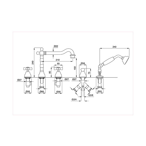 Batteria bordo vasca 5 fori Princeton Bugnatese 880 cromato