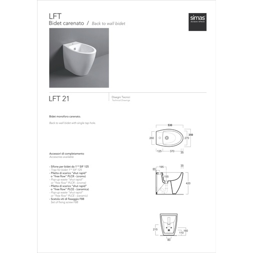 Bidet filomuro a terra design moderno in ceramica bianco lucido  - LFT, Simas