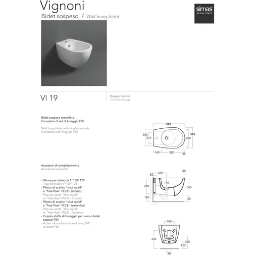 Bidet sospeso monoforo 56x36,5x34 cm bianco opaco -  Vignoni, Simas 