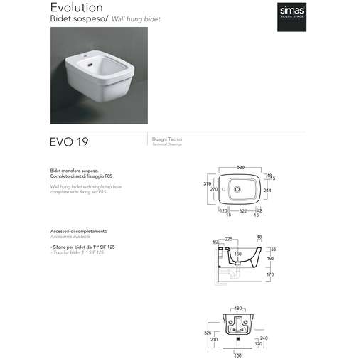 Bidet sospeso monoforo bianco Evolution Simas Evo19 52x37 cm