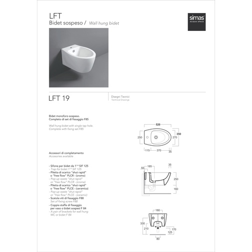 Bidet sospeso monoforo stile moderno in ceramica bianca - LFT, Simas
