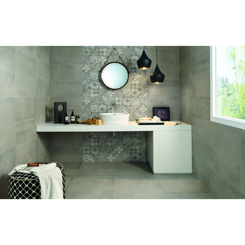 Braunes Feinsteinzeug in Betonoptik, 44,5x90 cm, Lead, rektifiziert - Uptown, Dom Ceramiche