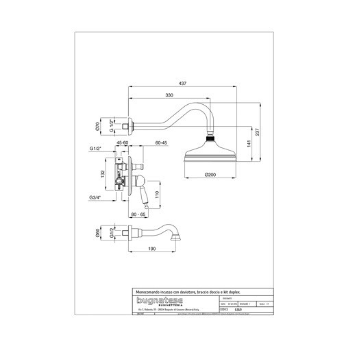 Built-in bathtub kit with spout, shower head, mixer with diverter Oxford 6369 Bugnatese