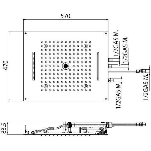 Built-in ceiling shower head, white led, 4 jet types, 57x47 cm - Dream/4 led light, Bossini