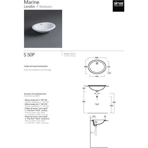 Built-in washbasin with flat edge in white ceramic 54.5 cm - Marine, Simas