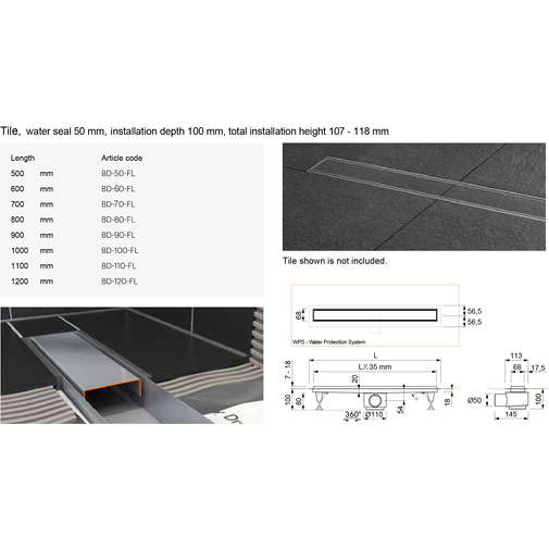 Canaletta per doccia Tekness Basic Drain 80cm a pavimento piastrellabile 