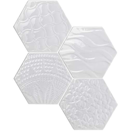 Carrelage mural brillant 15,3x17,5 forme hexagonale Relief Décoration Blanc - Exabright, Tonalite