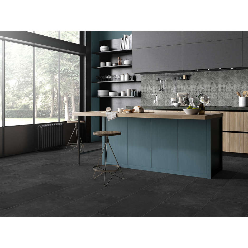 Cement-effect porcelain stoneware decorated on a silver gray background, 30x60 cm, Multi Dekor Silver- Uptown, Dom Ceramiche