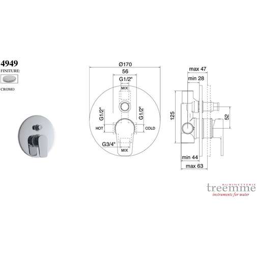 Chrom-Einbau-Wannenmischer ZIP Rubinetterie Treemme