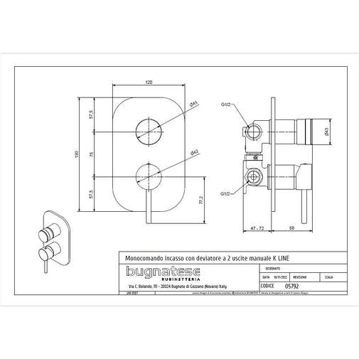 Chrome Shower Mixer with Manual Diverter - K Line, Bugnatese Taps
