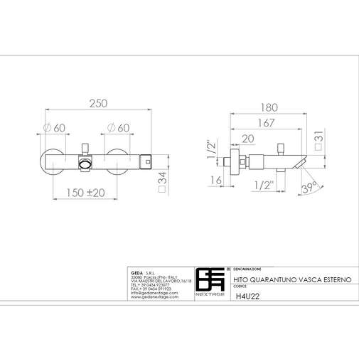 Chromed external bath mixer with water outlet - Hito Quarantuno, Geda