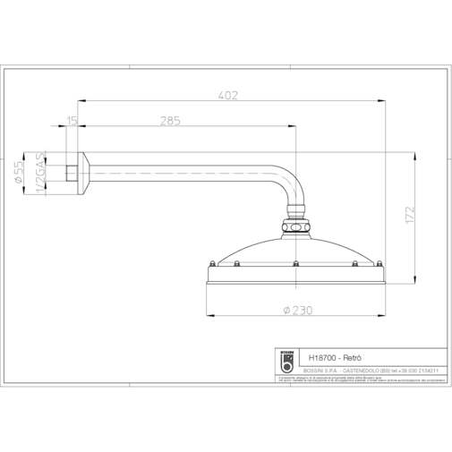 Chromed shower head diam. 23 cm with anti-limestone and 30 cm wall arm - Retro, Bossini