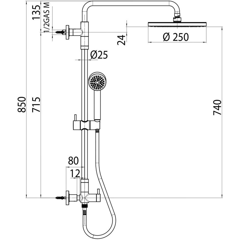 Colonna doccia muro 85cm con soffione 25cm, saliscendi - Gio Renovation, Bossini