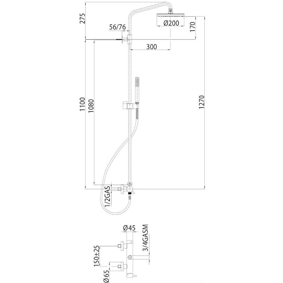 Colonna doccia muro, soffione 20cm, asta saliscendi e miscelatore - Zoe, Bossini