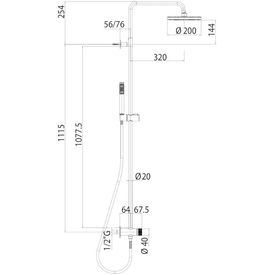 Colonna doccia muro soffione 20cm, saliscendi, ingresso acqua basso Oki Renovation, Bossini