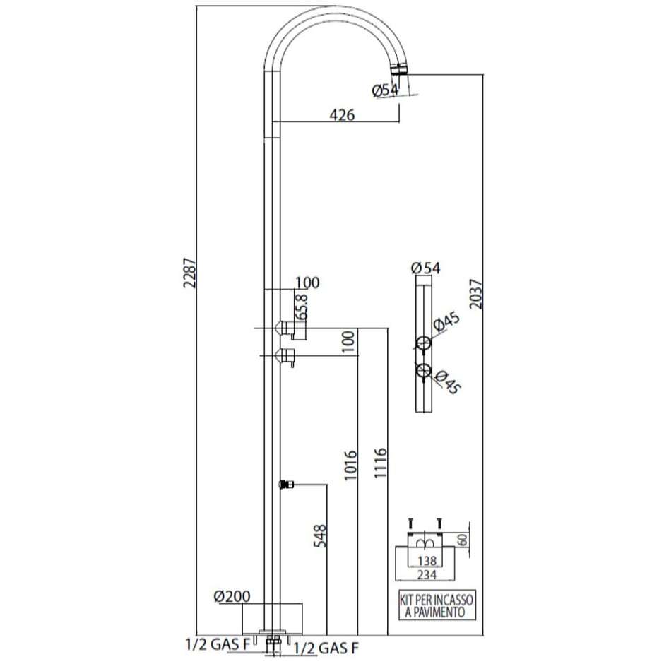 Colonne de douche d'extérieur avec robinet lave-pieds, mitigeurs progressifs, inox - Piscine, Bossini