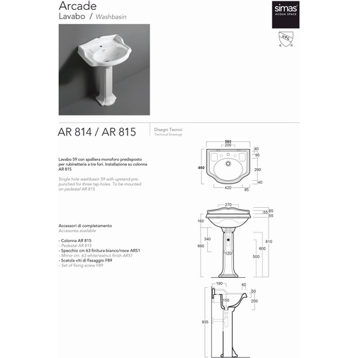 Colonne pour lavabo AR814 en céramique blanche - Arcade, Simas