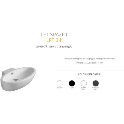 Contemporary style oval countertop and wall hung washbasin 73 cm - LFT, Simas