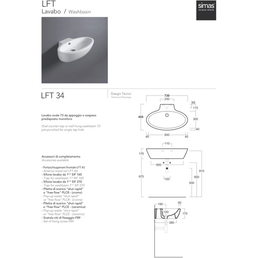 Contemporary style oval countertop and wall hung washbasin 73 cm - LFT, Simas