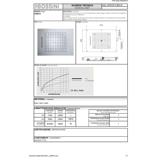 Deckeneinbau-Duschkopf mit roten LED-Leuchten, Regen-/Kammstrahl 57x47 - Dream/2 LED-Leuchte, Bossini