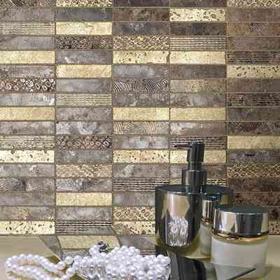 Decorated marble and lava stone wall mosaic, brown Emperador 30x30 cm - Patchwork, Boxer