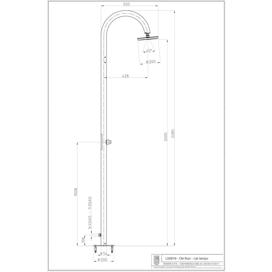 Douche extérieure, pomme de douche ronde 20cm, bouton temporisé, alimentation externe - Oki, Bossini