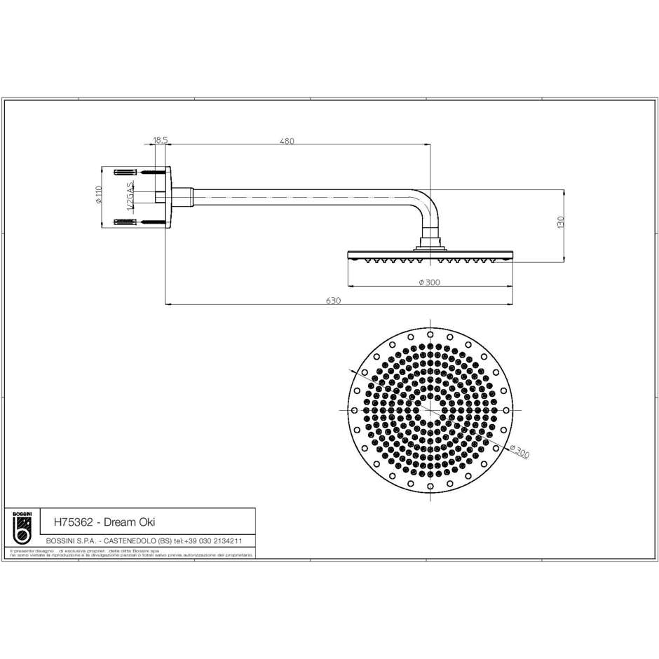 Duschkopf im exklusiven Design, runder Durchmesser 30 cm mit 50 cm Wandarm - Dream Oki, Bossini