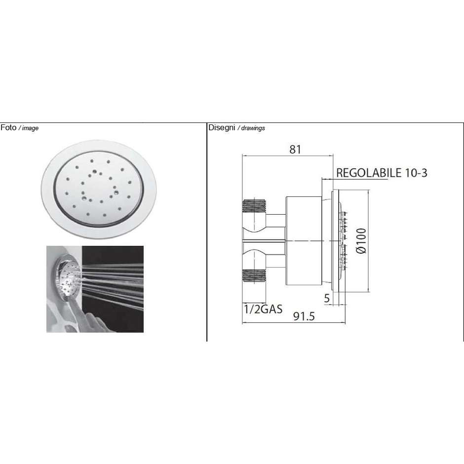 Eingebauter verstellbarer seitlicher Duschkopf Durchmesser 10 cm - Tondo Reg, Bossini