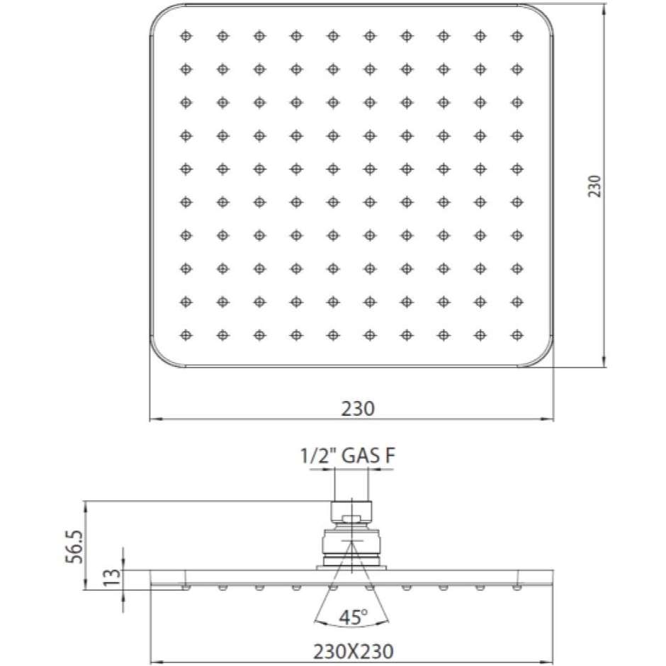 Elegant shower head, matt black with ceiling arm, square 23x23 cm - Cosmo, Bossini