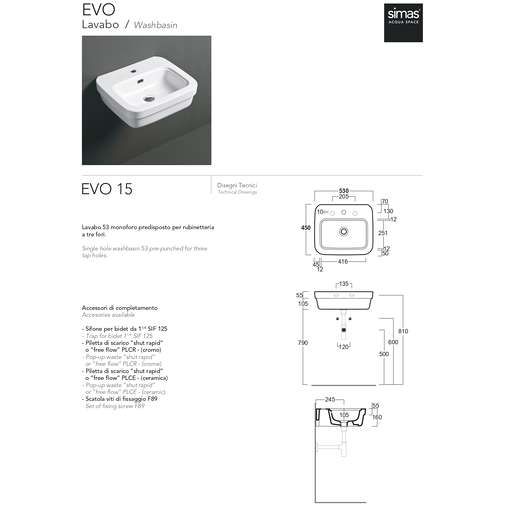 Evolution Simas Evo15 white wall-hung single hole washbasin 53x45 cm