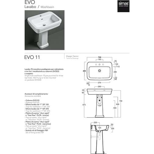 Evolution Simas pedestal or wall hung washbasin EVO11 white