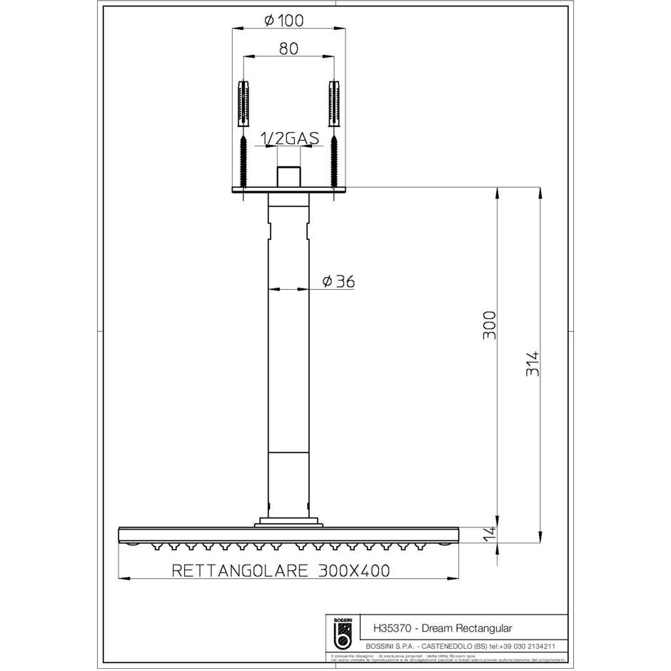 Exclusive design shower head, rectangular 30x40 cm, with ceiling arm - Dream Cube, Bossini