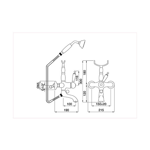 External mix bath mixer with diverter, spout and Oxford 6300 Bugnatese handshower