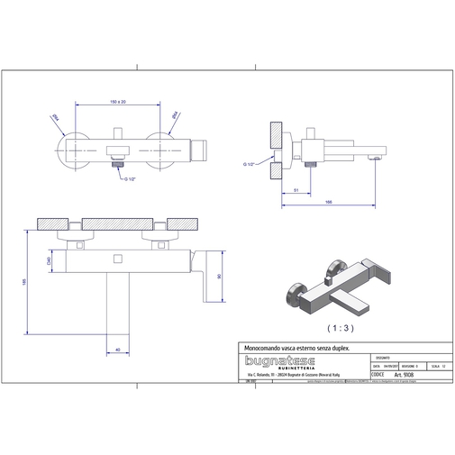 External square bath mixer with connection for hand shower - Tetris, Rubinetteria Bugnatese